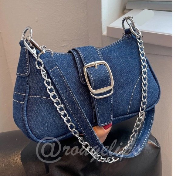 Rouge! Handbags - Small Blue Denim Baguette Bag Strap Buckle Chain Zipper